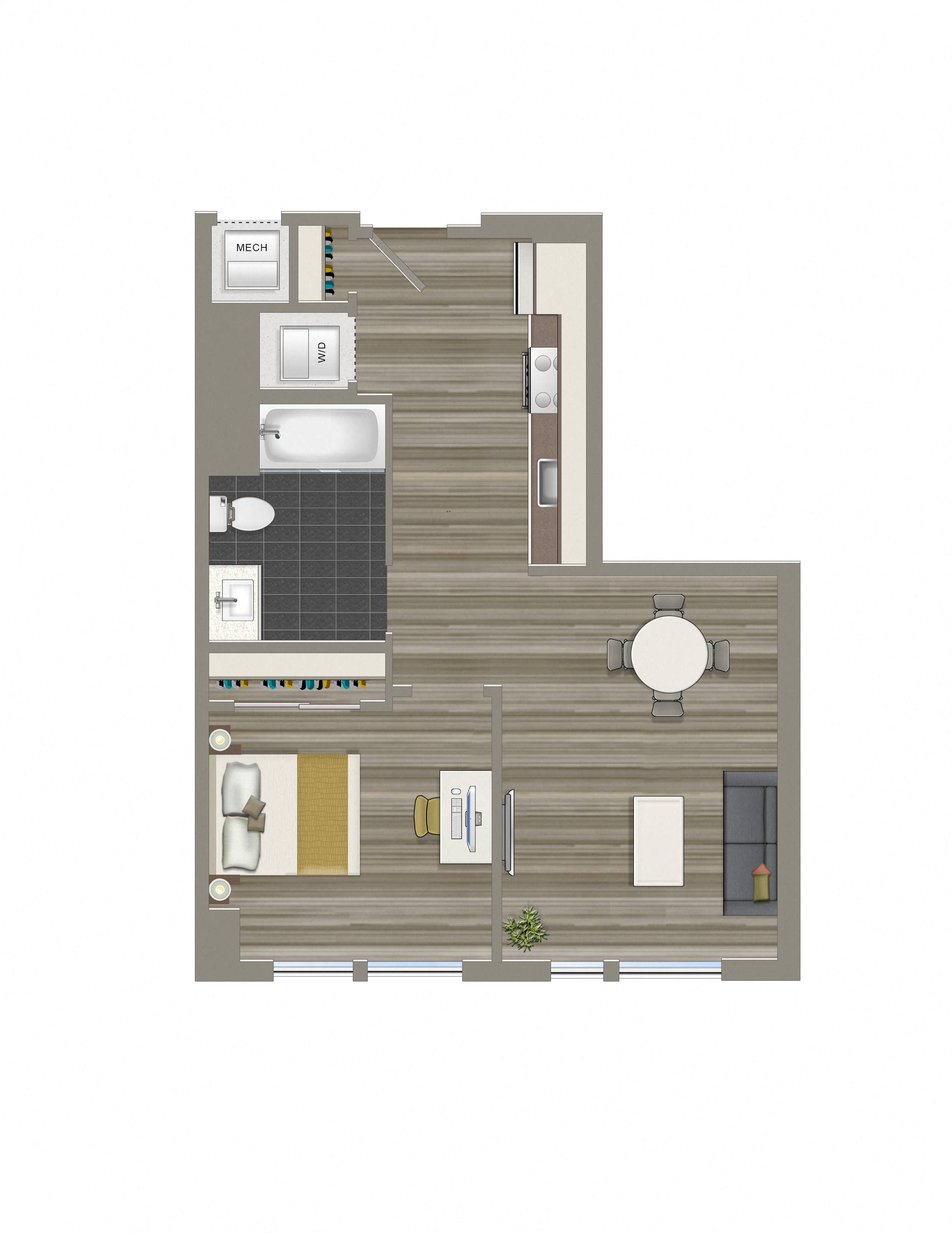Floor plan for 1 bed, 1 bath, 572 sqft